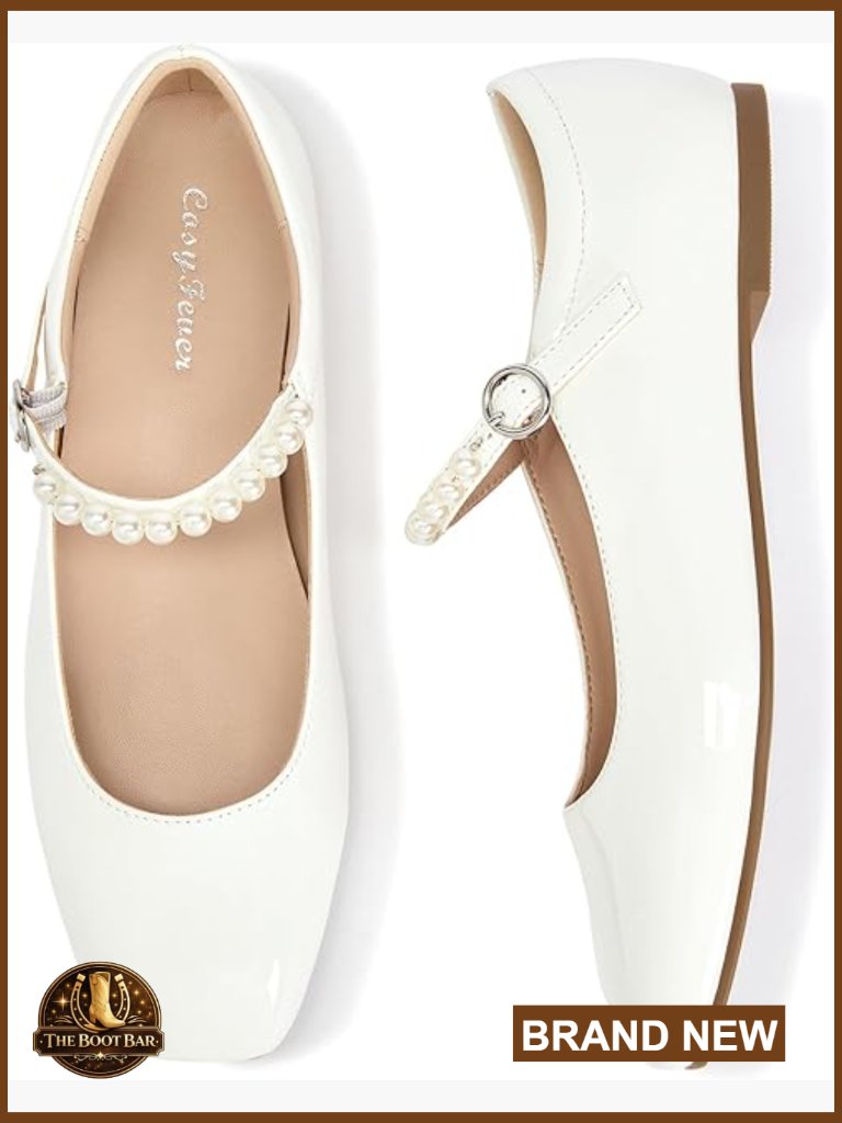 Square Toe Pearl Mary Jane Flats - Dressy Ballet Flats For Wedding Party Office